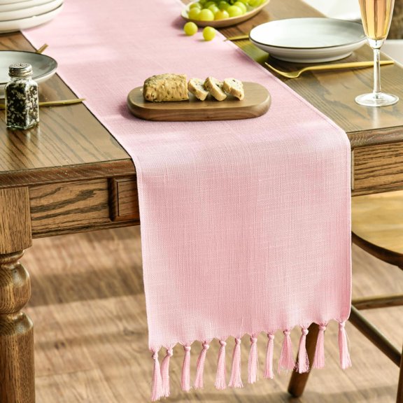KKFEN-Blush Pink Tassel Table Runner, Linen Blend Rustic Farmhouse Style Kitchen Table Decoration Holiday Wedding Party Dinning Decor 13x48 Inch