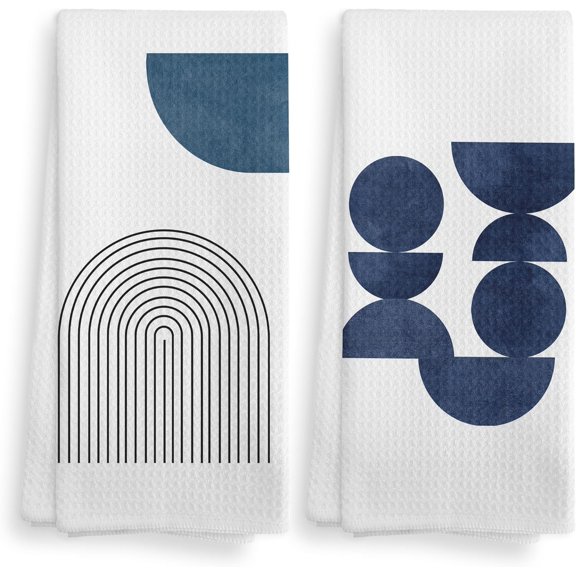 KKFEN-Boho Navy Blue Line Kitchen Towels and Dishcloths Set of 2, Boho Dish Towels, Bohemian Decorative Boho Blue Hand Towels for Bathroom Kitchen, 1624 Inches
