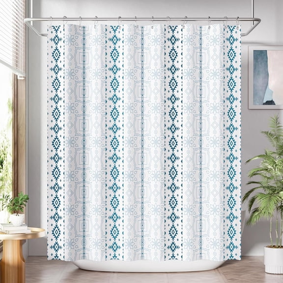 KKFEN-Boho Shower Curtain, 72x72 Washable Cloth Navy and White Shower Curtains for Bathroom, Fabric Rustic Neutral Shower Curtain Set with 12 Hooks, Modern Camper RV Dorm Stall Shower Curtain