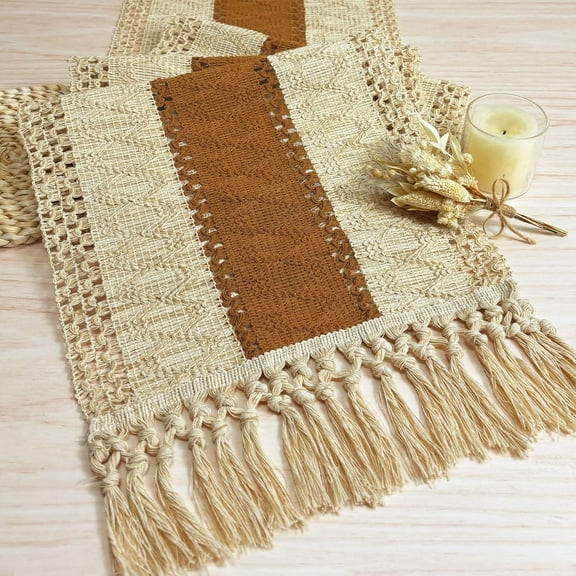 KKFEN-Boho Table Runner 72 Inches Long Thanksgiving Decor Macrame Table Runner Farmhouse Style with Tassels for Party Bohemian Rustic Wedding Bridal Shower Dining Decor Middle Brown (12x72 Inches)