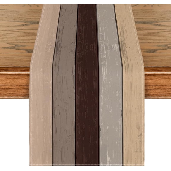 KKFEN-Brown Retro Rustic Wood Texture Table Runner, Seasonal Spring Kitchen Dining Table Decoration for Home Party Decor 13x60 Inch