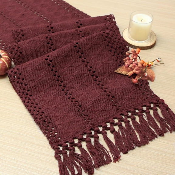 KKFEN-Burgundy Red Table Runner with Tassels 90 Inches Long for Fall Home Decor Macrame Table Runner for Modern Room Decor Farmhouse Rustic for Dining Bedroom Bridal Shower (11x90 Inches)