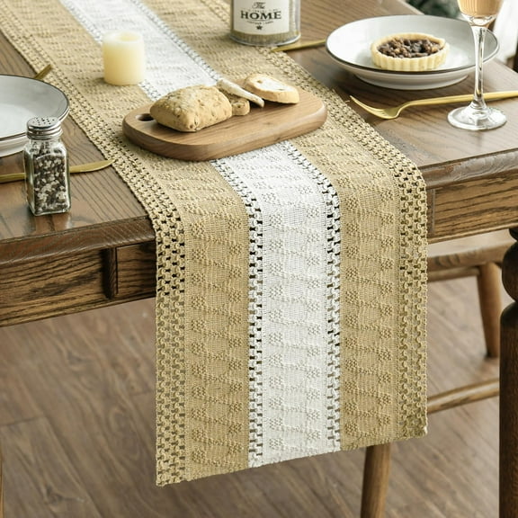 KKFEN-Burlap Brown Farmhouse Rustic Table Runner, Seasonal Hollow Kitchen Dining Table Decoration for Home Party Decor 12x90 Inch