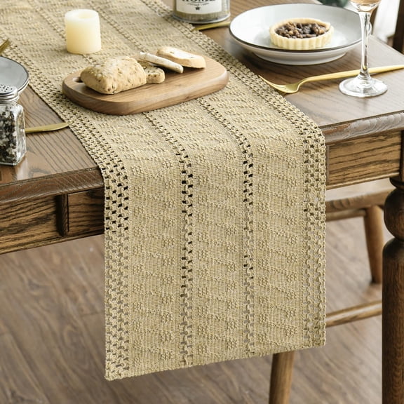 KKFEN-Burlap Brown Farmhouse Woven Rustic Hollow Table Runner, Seasonal Holiday Hollow Kitchen Dining Table Decoration for Home Party Decor 12x90 Inch