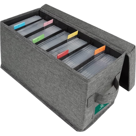 KKFEN-CD Storage Box with Lid, Practical CD Case Holder Organizer with Index Labels, 14.6 x 5.7 x 6.1 Inches CD Storage Case to Store up to 35 CDs Jewel Cases, and 193 Discs- Grey