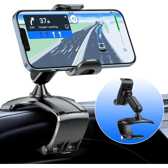 KKFEN-Car Dashboard Phone Clip Holder, 360 Rotating Dash Steering Wheel Cell Phone Clamp Mount Stand Compatible with 4-7 Inch Smartphones (Black)