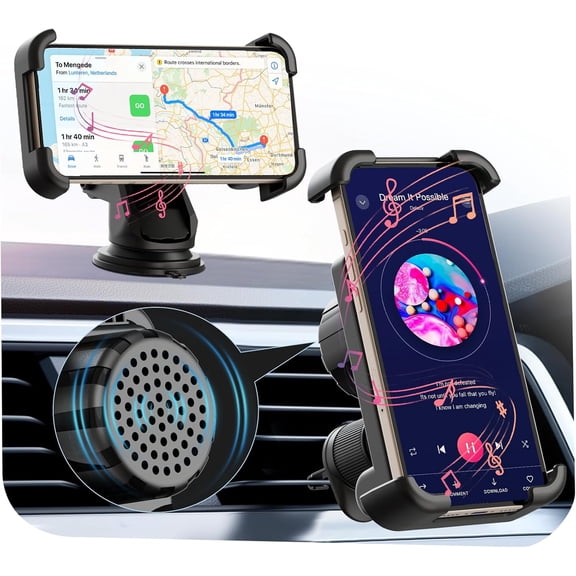 KKFEN-Car Phone Holder with Bluetooth Speaker, Amplify Phone Navigation/Music Volume, Gifts for Dad and Mom, Induction Speaker User-Friendly for Seniors, Dashboard/Air Vent Mount, USB A to C Cable