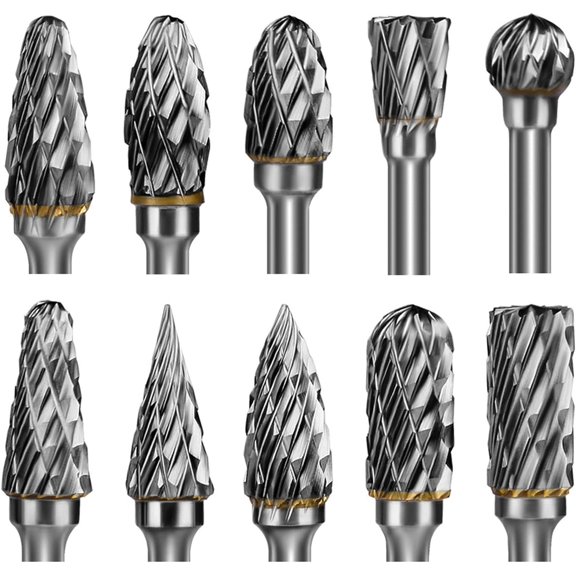 KKFEN-Carbide Burr Set Die Grinder Bits Rotary Tool Bits 1/8" Shank 10 PC Double Cut Wood Carving Accessories Cutting Burrs Metal Grinding Engraving Polishing Porting Trimming