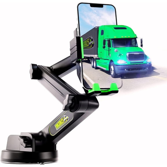 KKFEN-Cell Phone Mount for Truck Phone Holder for Truck Drivers - Heavy Duty Suction Cup + Dashboard Pad, iPhone Holder for Dashboard Window 16.9 inch Long, for iPhone & Samsung, Semi Trucker, Green