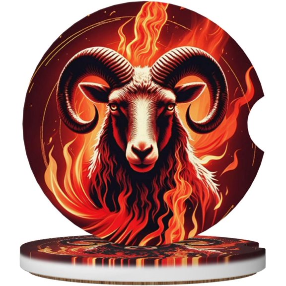 KKFEN-Ceramic Car Cup Holder Coasters (2 Pack) - Absorbent Non-Slip Inserts with Finger Notch, Spill-Proof Drink Pads for SUV, Truck, Car - Flame Sheep