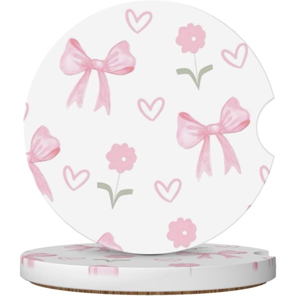 KKFEN-Ceramic Car Cup Holder Coasters (2 Pack) - Absorbent Non-Slip Inserts with Finger Notch, Spill-Proof Drink Pads for SUV, Truck, Car - Bow Tie