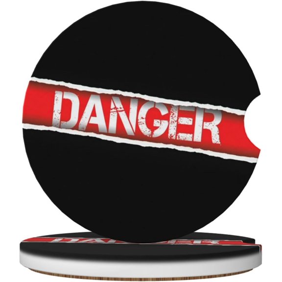 KKFEN-Ceramic Car Cup Holder Coasters (2 Pack) - Absorbent Non-Slip Inserts with Finger Notch, Spill-Proof Drink Pads for SUV, Truck, Car - Danger