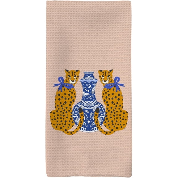 KKFEN-Chinoiserie Decor Kitchen Towels, Preppy Leopard Cheetah Hand Towels, Blue and White Porcelain Dish Towels, Trendy Porcelain Kitchen Bathroom Decor, 16x24in