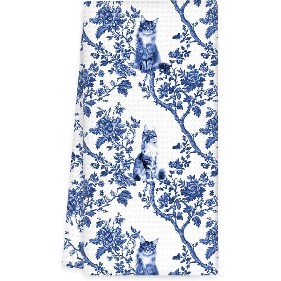 KKFEN-Chinoiserie Maine Coon Cat Kitchen Towels, Blue and White Cats Hand Towels, Maine Coon Cat Gifts for Women Decorative Dish Tea Towel for Kitchens, Grandmillennial Cats Bathroom Decor, 16x24In