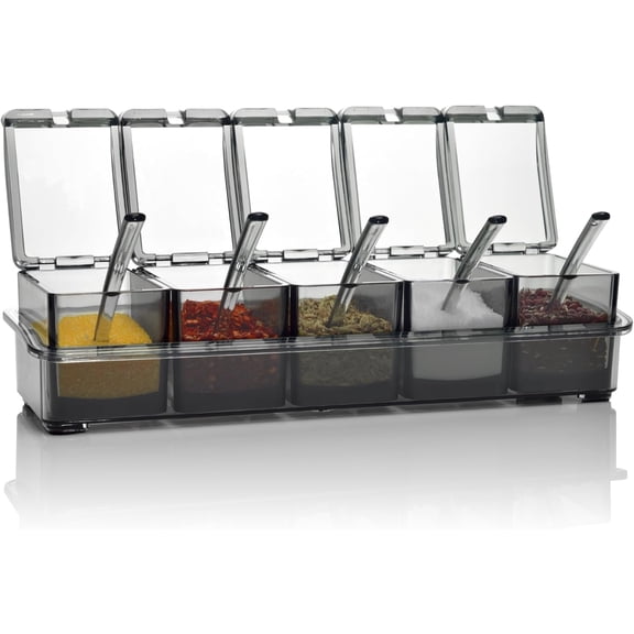 KKFEN-Clear Seasoning Box, 5 Pieces Clear Seasoning Storage Container for Spice Salt Sugar Cruet,Condiment Jars with Spoons