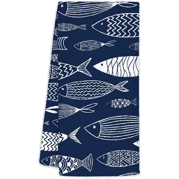 KKFEN-Coastal Beach Kitchen Towels Decorative, Fish Lover Gifts Dish Towels, Navy Blue Nautical Beachy Hand Towels Drying Cloth for Kitchen Bathroom Decor, 16x24 Inch