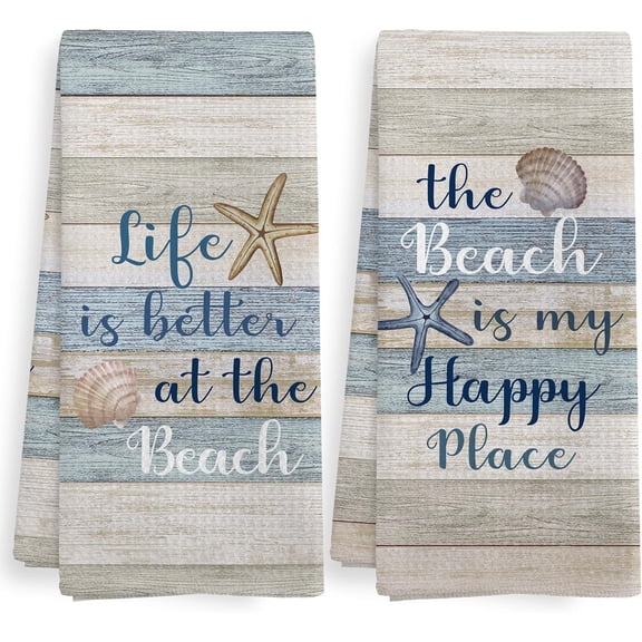 KKFEN-Coastal Beach Kitchen Towels and Dishcloths Sets of 2, Beachy Decor, Nautical Themen Bathroom Decor Dish Hand Tea Towels for Bathroom Kitchen, Beach Gifts for Women, 16x24 Inch