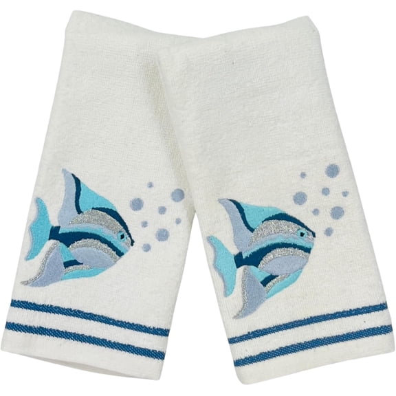 KKFEN-Coastal Fingertip Towels for Bathroom Set of 2 White 100% Cotton Embroidered Fish with Bubbles Design 12 x 18 Bath & Kitchen Dcor