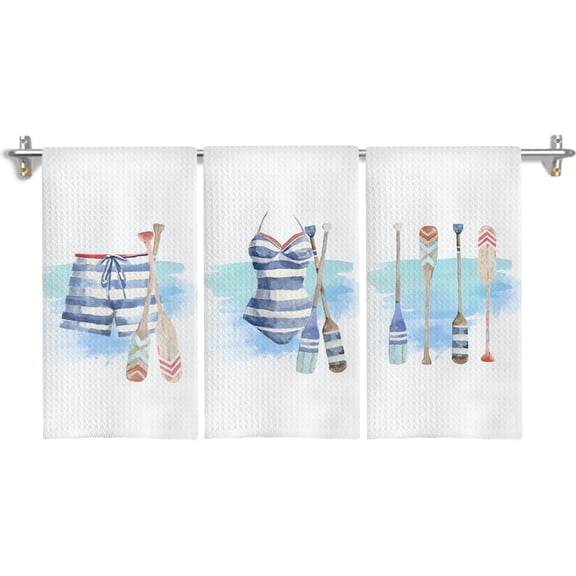 KKFEN-Coastal Nautical Kitchen Towels, Watercolor Swimsuit Paddle Summer Beach Hand Towels for Bathroom Decor, Navy Blue Beachy Dish Tea Towels for Kitchen Decor, 16x24 Inch Set of 3