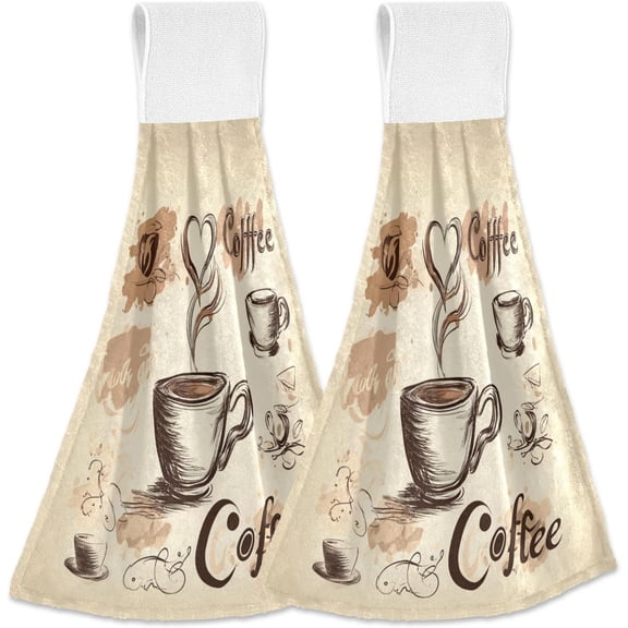 KKFEN-Coffee Bean Cups Kitchen Hanging Towel 12 x 17 In Cafe Theme Hearts Face Hand Fingertip Towels Set of 2 Pcs Tie Tea Bar Dish Cloths Dry Towel Soft Absorbent Durable for Laundry Room Decor