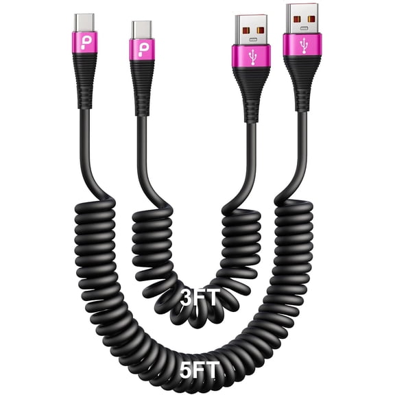 KKFEN-Coiled USB A to USB C Cable for Car, 3FT/5FT USB C Cable Fast Charging, USB Type C Charging Cord Compatible with iPhone 17/16/15 Pro Max/Samsung Galaxy S20 S10 and More USB C Devices-Rose Red