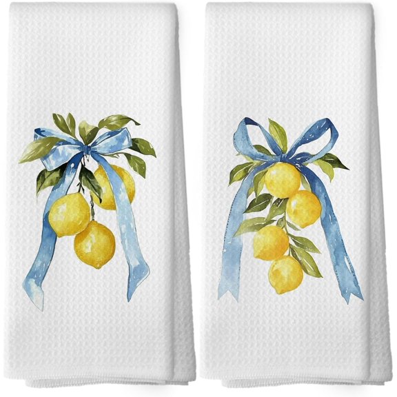 KKFEN-Coquette Blue Bow Yellow Lemon Kitchen Dish Towels Set of 2, Preppy Fruit Summer Spring Decor Accessories for Bathroom Home, Seasonal Hand Towels Kitchen Tea Towels Decorations, 16x24inch