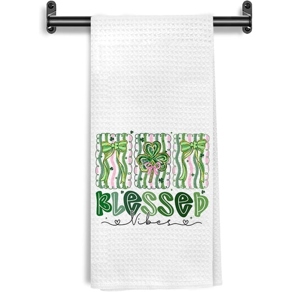 KKFEN-Coquette Green Bow St. Patrick's Day Kitchen Towels, Irish Blessing Gifts Decorative Hand Towels for Bathroom Kitchen, Preppy Shamrock Clover Dish Tea Towel Drying Cloth, 16x24 Inch