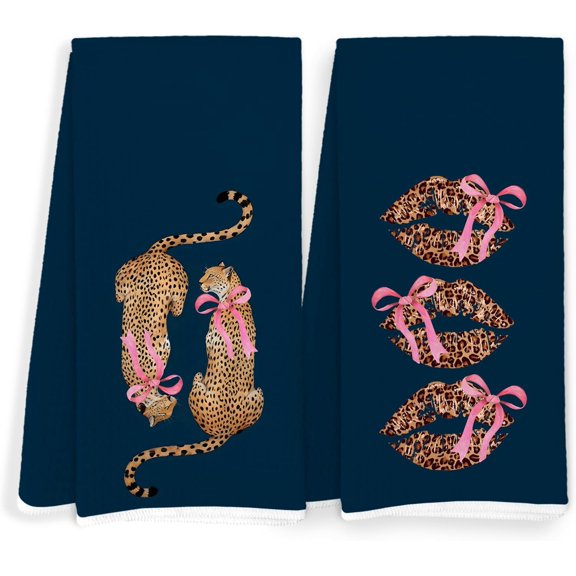 KKFEN-Coquette Pink Bow Cheetah Lips Kitchen Towels, Navy Blue Leopard Print Dish Tea Towels for Kitchen Decor, Trendy Preppy Leopard Decorative Hand Towel for Bathroom, 16x24 Inch Set of 2