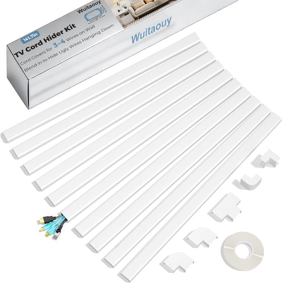KKFEN-Cord Covers for 3-4 Wires on Wall, 141.7in Cord Hider Kit, Self-Adhesive Wire Hider Wire Covers for Cords on Wall, Paintable Tv Cable Hider Cable Raceway, W1.18 H0.6in, White