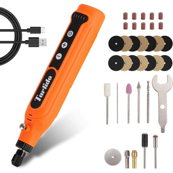KKFEN-Cordless Rotary Tool, 5-Speed Rotary Tool Kit, Continuous Use While Charging, Permanent Speed Memory, 2.0Ah Capacity, 18000RPM, 31 Accessories for Craft and DIY, Orange