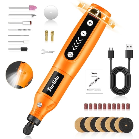 KKFEN-Cordless Rotary Tool Kit, 3.7V 2.0Ah Rechargeable Battery, 18000RPM 5-Speed Multi Power Carving Tools, 31Pcs Accessories, Engraving, Sanding, Grinding, Polishing, Carving, Etching, DIY-Orange