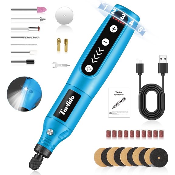 KKFEN-Cordless Rotary Tool Kit, 3.7V 2.0Ah Rechargeable Battery, 18000RPM 5-Speed Multi Power Carving Tools, 31Pcs Accessories, Engraving, Sanding, Grinding, Polishing, Carving, Etching, DIY-Blue 