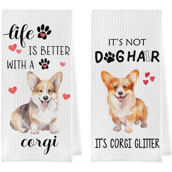 KKFEN-Corgi Gifts Dish Towels Set - Corgi Gifts Decorative Waffle Weave Kitchen Towels, Dog Lover Gift Hand Towel, Dog Mom Tea Towel (1624 Inches Set of 2)