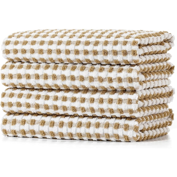 KKFEN-Cotton Dish Towels Cloths for Kitchen Drying Dishes, Lattice Terry Towels, Highly Absorbent Kitchen Cloths with Hanging Loop, 16 x 26,4 Packs, Beige