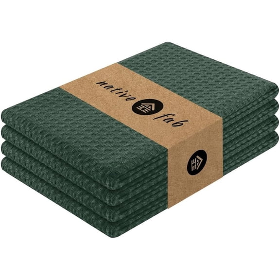 KKFEN-Cotton Kitchen Towel with Hanging Loop 16x26 inches, 4-Pack, Waffle Weave Kitchen Towels for Cleaning Drying, Washcloths Soft & Absorbent Cloth Rags, Bar Towel, Dish Cloth, Olive Green