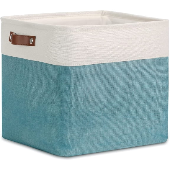 KKFEN-Cube Basket for Storage, Collapsible Fabric Cube for Organizing, Storage Cube for Closet, Laundry, Nursery, Shelves, Decorative Basket for Gifts Empty (White&Teal)