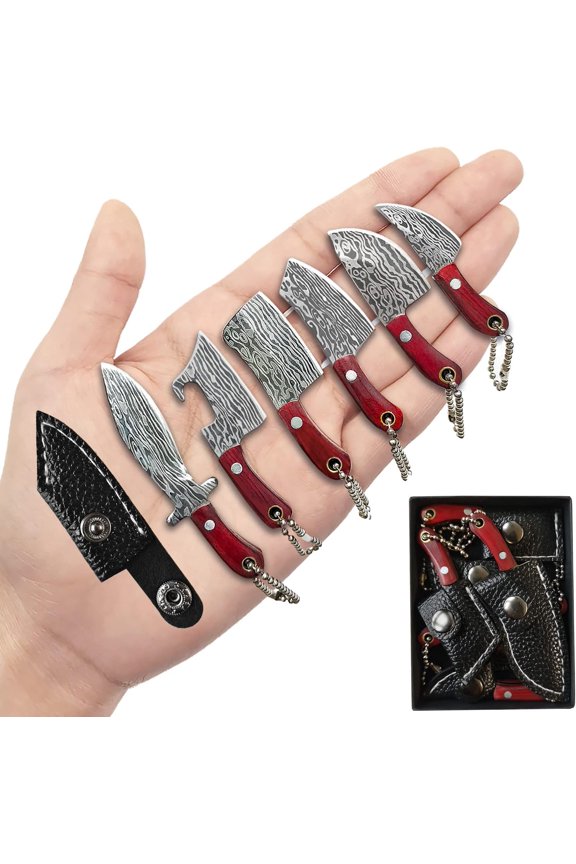-Damascus Pocket Knife Set, EDC Knife with Sheath,Mini Chef Keychain Knife Set, Tiny Things for Box Cutter Letter Opener Package Opener, Cool Gadgets EDC Tools -Set of 6