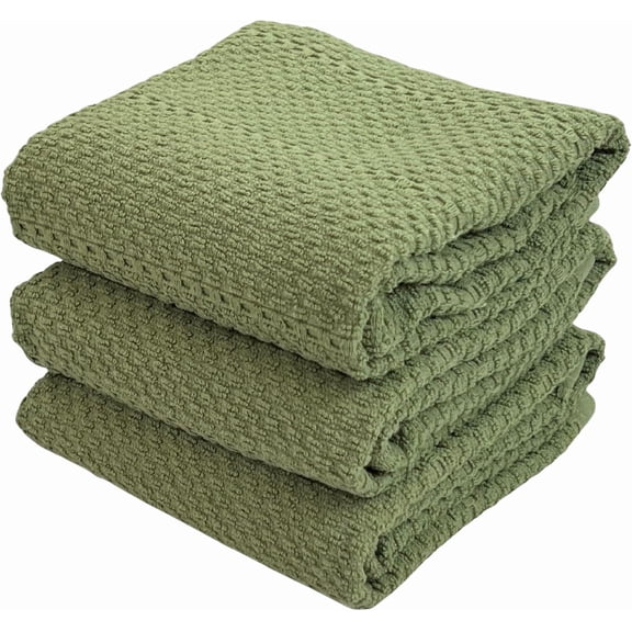 KKFEN-Dark Sage Green Kitchen Hand Dish Towels: Oversized 28" x 18",100% Cotton Cloth Soft Cleaning Drying Absorbent Textured Design, Set of 3 Multipurpose for Everyday Use (Dark Sage)