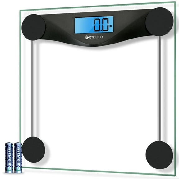 KKFEN-Digital Body Weight Bathroom Scale, Large Blue LCD Backlight Display, High Precision Measurements, 6mm Tempered Glass, 400 Pounds, Black