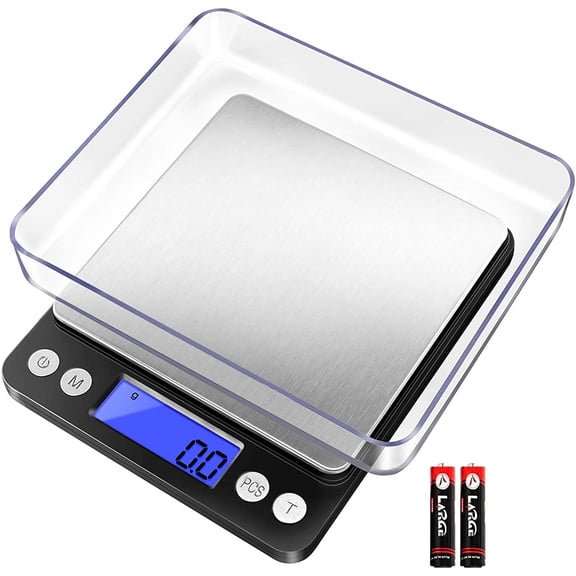 KKFEN-Digital Kitchen Scale 3000g/ 0.1g, Pocket Food Scale 6 Units Conversion, Gram Scale with 2 Trays, LCD, Tare Function, Reptile Scale, Herb Scale(Battery Included)
