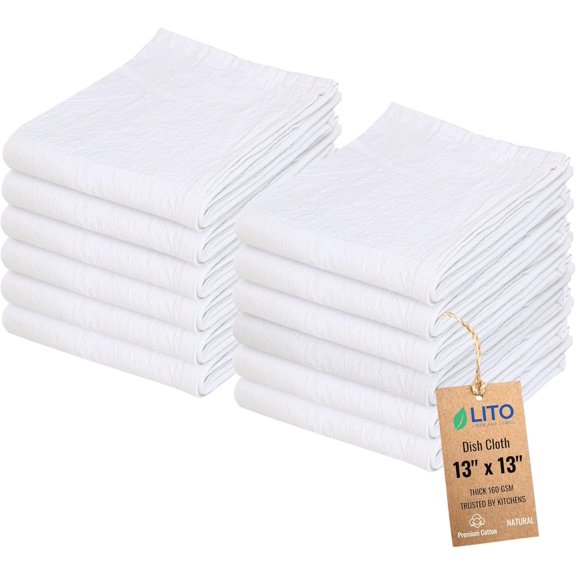 KKFEN-Dish Cloths Cotton| Kitchen Wash Cloth | Shop Towels Absorbent and Lint Free Flour Sack| Dishcloths for Kitchen Washing Dishes| Thick Absorbent Quick Dry Dish Rags | 12 Pack 13"x13" Natural