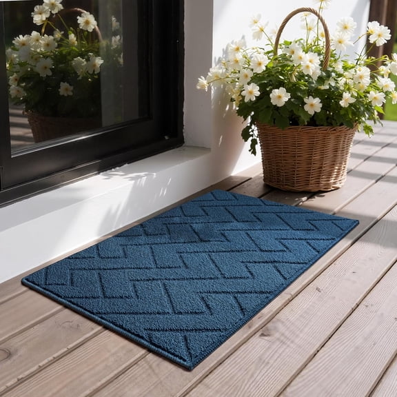 KKFEN-Door Mat Indoor Entrance Non-Slip, Welcome Mats Front Door Mat for Entryway, Entry Mat Low Profile Resist Dirt Easy to Clean, 32" x 20", Deep Blue