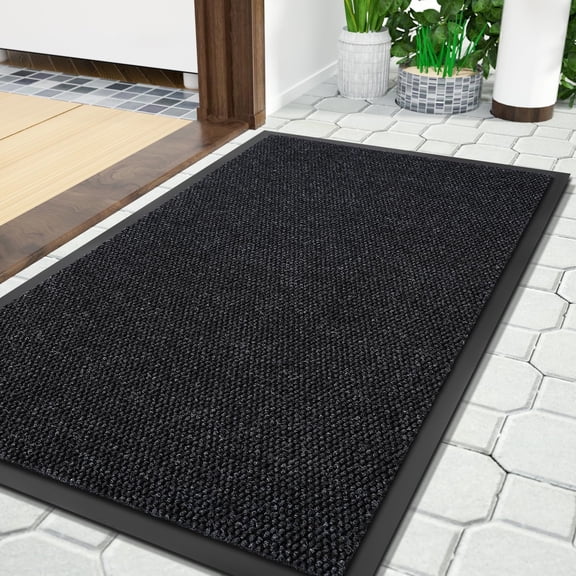 KKFEN-Doormat Outdoor Indoor Entrance 36 x 17, All-Season All-Weather Front Door Mat, 100% Waterproof Welcome Matt for Floor Garage Outside Entry, Stain and Fade Resistant,Black Grey