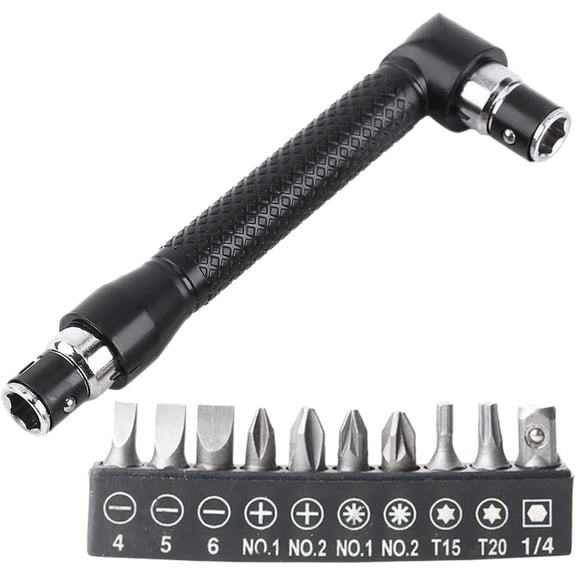KKFEN-Double-Headed L-Shaped Socket 1/4 Inch Hex Socket Wrench 90 Degree Right Angle Screwdriver Adapter with 10Pcs Various Angled Screwdriver Bits Tool