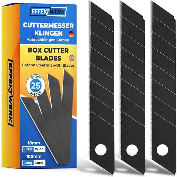 KKFEN-EWerk - Box Cutter Blade Set - Black, 25 Pack - 18mm Utility Knife Replacement Blades - Heavy Duty Carbon Steel Snap Off Blades - Blade Refills for Utility Knives & Box Cutters