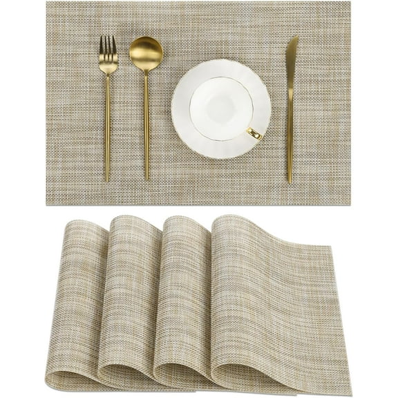 KKFEN-Easy Clean Placemats Set of 4 Woven Vinyl Reversible Plastic Place Mats Heat Resistant Stain Resistant Dining Table Mats Indoor Outdoor Table Decor, Beige