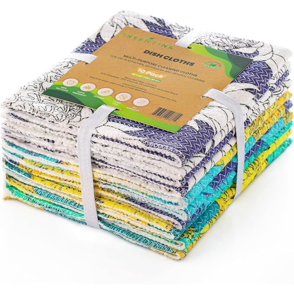 KKFEN-Eco-Friendly Reusable Dish Cloth Set 10-Pk Multipurpose Kitchen Cleaning Cloth Made from Recycled Materials Absorbent Dish Towels & Non-Scratch Cleaning Rags, 12x12 in.
