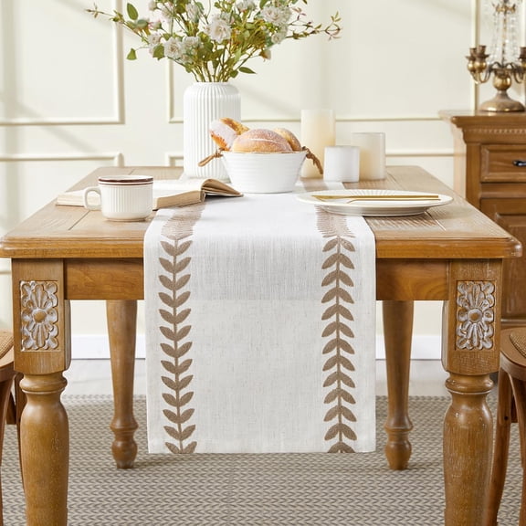 KKFEN-Embroidered Fall Table Runner Irregular Willow Leaf Table Runners 90 Inches Long for Dresser Home Dining Table Decor,14 x 90 Inch, Taupe