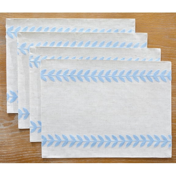 KKFEN-Embroidered Placemats, 13 x 18 Inch Set of 4 Placemats, Irregular Willow Rustic Place Mats for Kitchen Table and Heat Resistant, Blue 4PCS