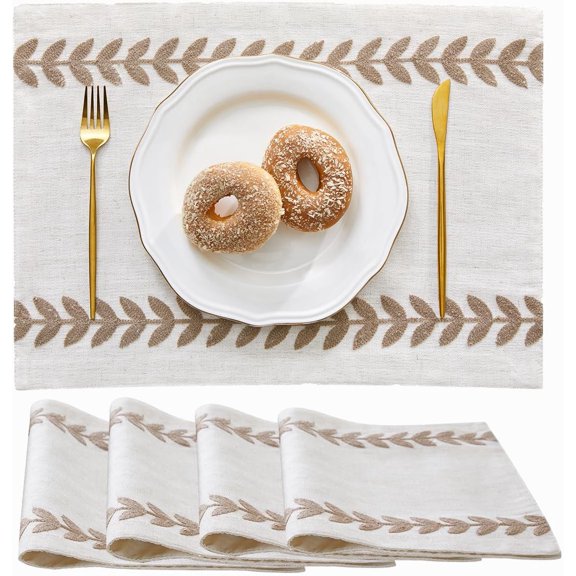 KKFEN-Embroidered Placemats, 13 x 18 Inch Set of 4 Placemats, Irregular Willow Rustic Place Mats for Kitchen Table and Heat Resistant, Taupe 4PCS